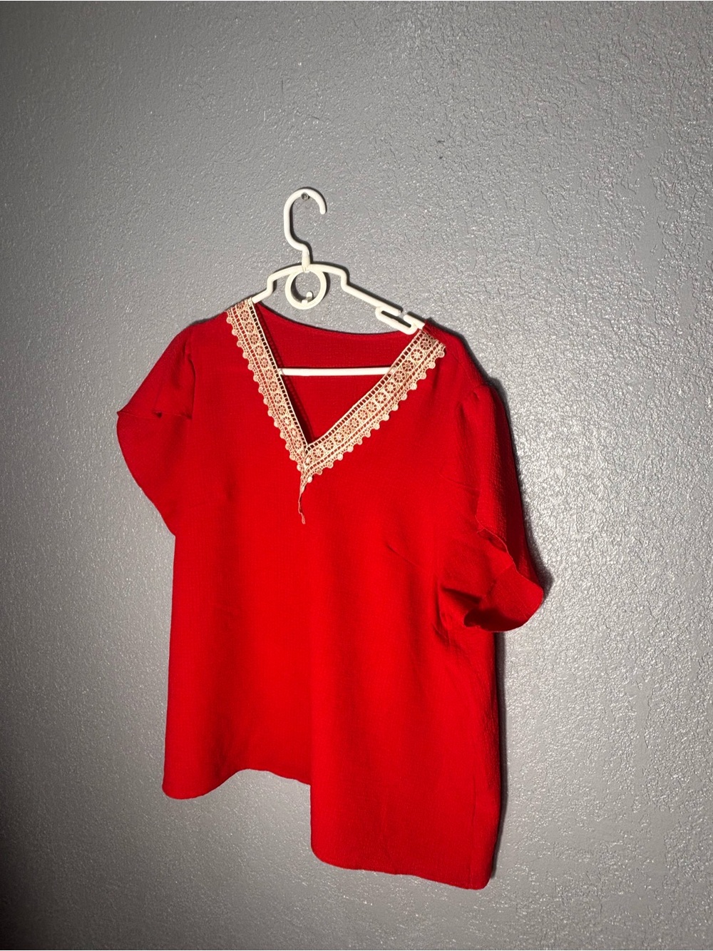 SHEIN Red V-Neck Blouse with Cream Lace Trim